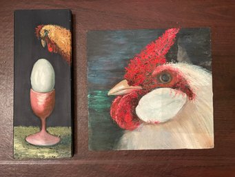 Two Oil Paintings On Wood Of Chicken & Egg Inspired By Artist Magritte By Patti Hirsch (American, 1935-2023)