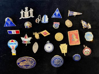 Collection Of Small Pins, Many With Enamel