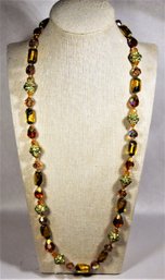 Great Vintage Multi Colored Rhinestone And Cut Glass Beaded Necklace 26' Long