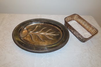 Carving Platter, Silver Plate, 16 X 12 Along With Silver Plate Basket Weave Casserole Holder