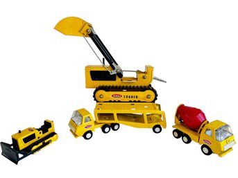 Four Vintage Tonka Toy Trucks - Bulldozer, Cement Mixer, Loader & Car Hauler