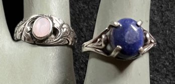 Vintage Ring Duo - Sterling Silver Ornate White Stone Size 7.5 & 925 Blue Stone Size 7