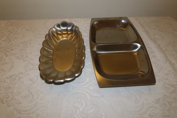 Snack Dish, Divided, Stainless  13 X 8 Along With Pewter Fluted Dish, 11 X 6.5 With Slight Dent