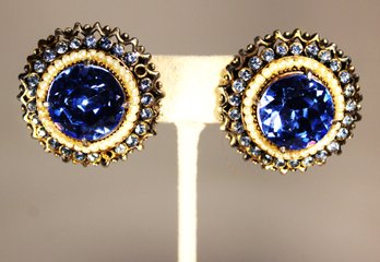 Signed Holly Craft Blue Rhinestone Round Ear Clips Earrings (couple Small Stones Missing)