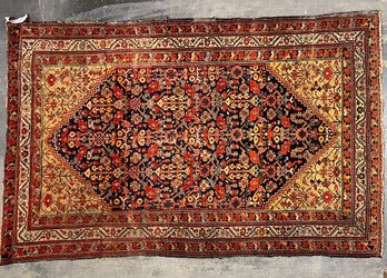 Antique Hand Knotted Wool Persian? Rug In Shades Of Blue, Red And Yellow