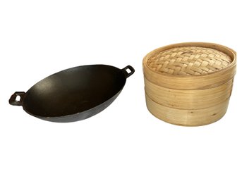 Seasoned Cast Iron Wok With Bamboo Steamer Basket