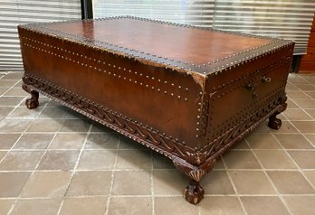 Two Drawer - Wooden Leather Top Coffee Table - Note Wear Marks In Picture