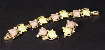 1960s Gold Tone Dual Color Floral Bracelet And Ear Clips Earrings Suite