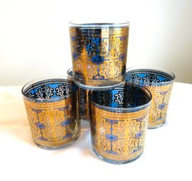 5 Mid Century Modern Coro Gold & Blue Highball Glasses