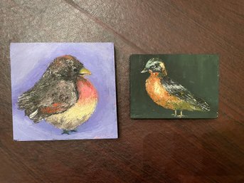 Two Small Bird Oil Paintings On Wood By Patti Hirsch (American, 1935-2023)