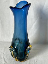 Stunning Original Vintage MURANO Freeform Art Glass Vase- Cobalt Blue Ground With Gold Accents