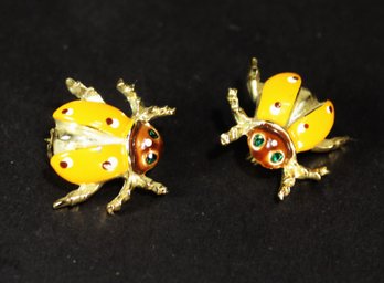 Pair Gold Tone Yellow Painted Lady Bug Scatter Pins Brooches