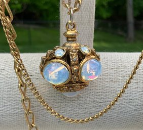 Triple Strand Gold Tone Necklace With Faux Opals & Gold Pendant