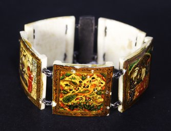 Antique Hand Painted Bone Panel Bracelet Silver Clasp Persian Scenes