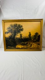 Antique Framed Art Of Pastoral Landscape