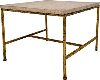 A Vintage Modern Gilt Iron Side Table With Travertine Marble Top In Style Of Niermann Weeks