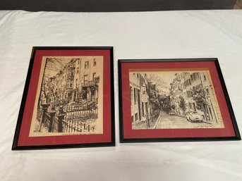 2 R. Kennedy Prints Of Beacon Hill Boston, MA Mt. Vernon St & Myrtle Street Matted Framed