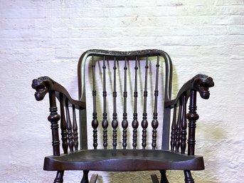 RJ Horner Style Hand Carved Lions Head Arm Spindleback Rocker