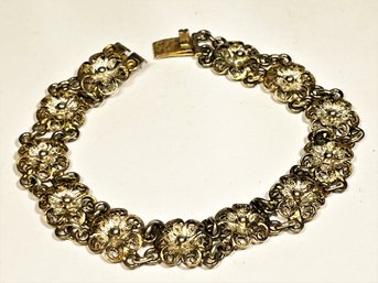 .800 Fine Silver Floral Filigree Link Bracelet Vintage