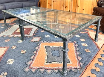A Pair Of Wrought Iron And Glass Cocktail Tables IN Style Of Giacometti- Two Smaller Or One Large Coffee Table