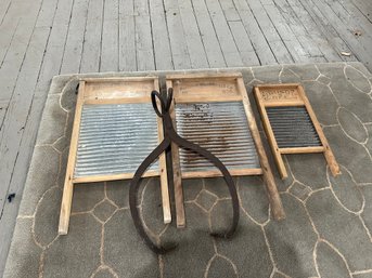 Antique Lot - Washboards And Ice Tongs