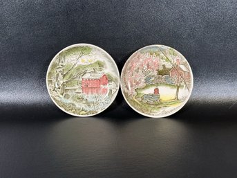 A Pair Of Vintage Mid-Century Coasters Made In England By Johnson Bros., Friendly Village Pattern