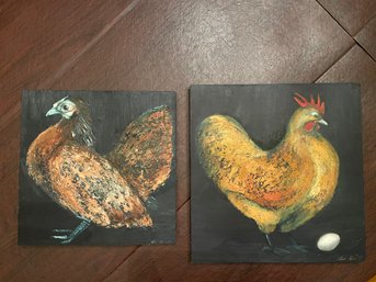 Two Chicken Oil Paintings On Wood By Patti Hirsch (american, 1935-2023)