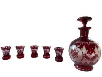 Stunning Ruby Red Bohemia Crystal Decanter And Five Matching Glasses