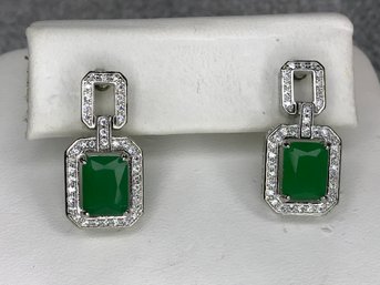 Beautiful Sterling Silver / 925 Earrings With Natural Colombian Emerald Encircled With White Topaz