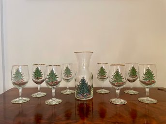 Vintage Christmas Tree Carafe & Eight Wine Glasses