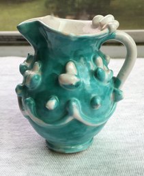 Miniature Mini Blue Green Teal Glaze Puzzle Pottery Batter Pitcher / Creamer