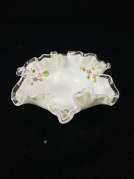 Fenton Vintage Ruffled Edge White Milk Glass Bowl Violets