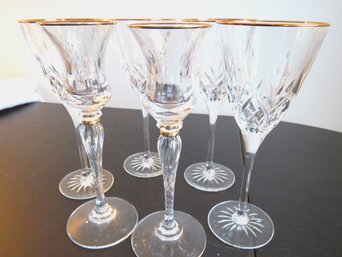 4 Gold Rim Crystal Goblets & 1 Pair Gold Rim Candlesticks