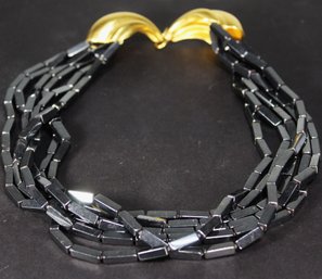 Very Fine Designer Hematite Oblong Beaded Necklace W Large Gold Clasp