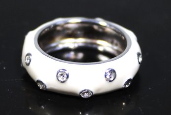 Sterling Silver Contemporary White Enamel Band Ring W White Stones Size 7