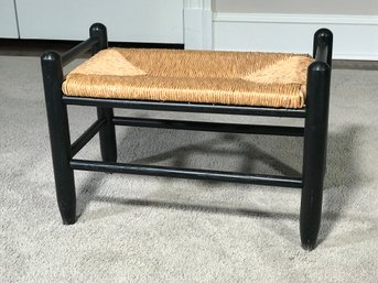 Very Nice Black Foot Stool / Bench With Turned Wood Rungs And Hand Done Rush Top - Very Nice Accent Piece