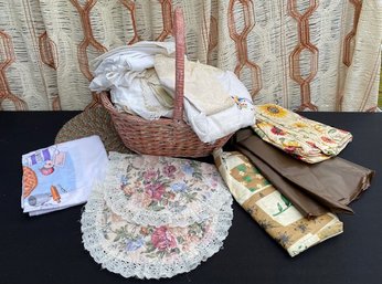 Vintage Basket Of Assorted Linens And More