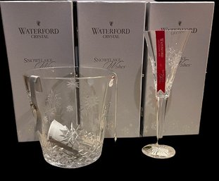 New Waterford 'snowflake Wishes' 6 Champagne Flutes & Ice Bucket