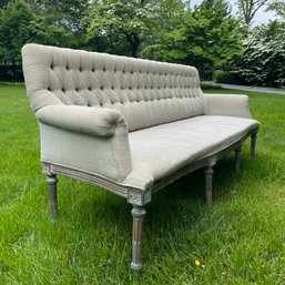 A Zentique Wendy Bench - Upholstered - Linen - Tufted Back - Restoration Project Or True Shabby Chic