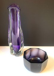 Art Glass Pair / Matthew Buechau Signed Art Glass Vase & Vintage Lavender Karhula Bowl
