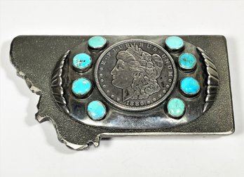 Vintage 1886 American Morgan Silver Dollar Turquoise And Steel Belt Buckle