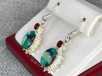 Very Pretty 925 / Sterling Silver Earrings With Garnet & Dichroic Glass Earrings - Very Unusual And Pretty !