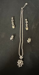 Beautiful Set Of Estate Jewelry Rhinestones Set - Necklace With Pendant& Two Pair Of Clip- On Earrings.