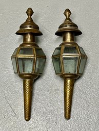 Pair Of  Vintage Brass Carriage Oil Lanterns - Hexagonal Hollow Brass Wall Oil Lamp Sconces