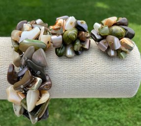 Vintage Polished Stone Bracelet & Matching Clip  Earring Set