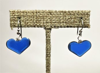 Pair Sterling Silver Blue Glass Heart Shaped Pierced Earrings