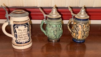 Three Vintage Stoneware Lidded Beer Collectible Steins