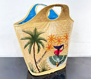 A Vintage Woven Cane Beach Bag With Needlepoint Embroidery