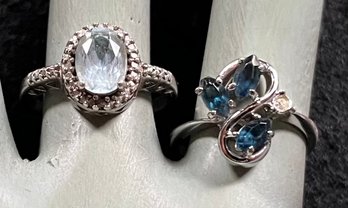 Vintage Silver Ring Duo - 925 Pale Blue Stone Size 7 & Sterling 3 Blue Stones Faux Diamond Size 6