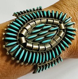 LARGE SIGNED LH NATIVE AMERICAN ZUNI STERLING SILVER TURQUOISE CUFF BRACELET